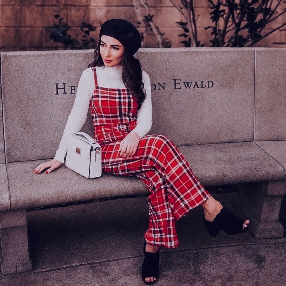 Punk 90s Grunge belted red plaid jumpsuit spaghetti straps stretchy material - Picture 1 of 8